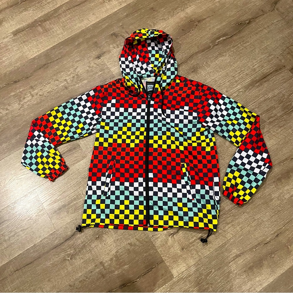 Beautiful Giant Colorful Checkered Hooded Lightweight Rainbow Windbreaker Small